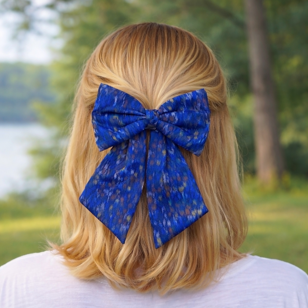 Laço de cabelo Azul de seda estampada