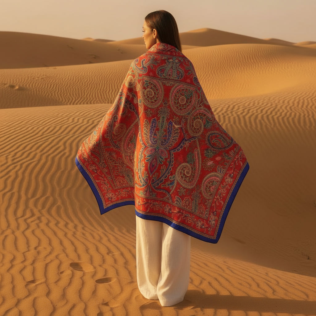 Lenço Latido em viscose com estampado paisley coral e azul