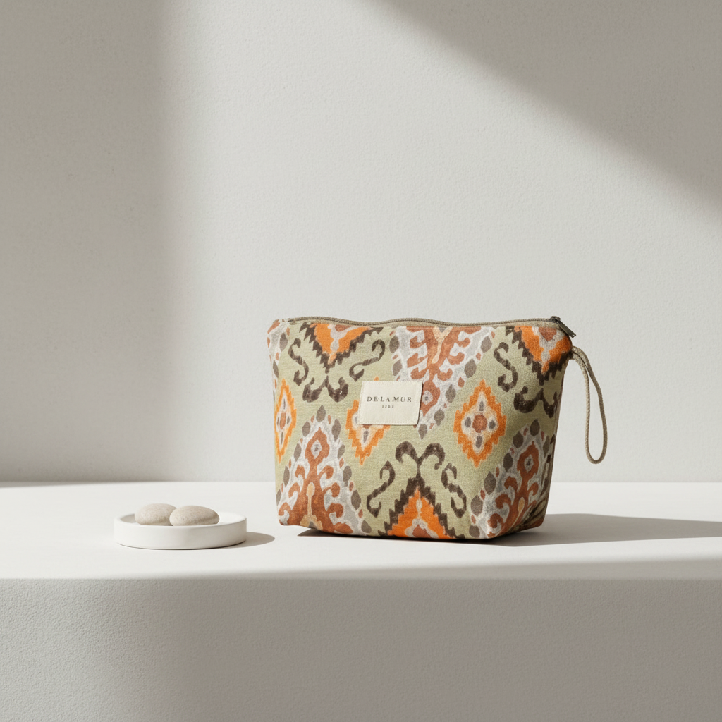 Necessaire DelaMur Estampado Bege e Laranja | Bolsa Cosmética Feminina com Fecho