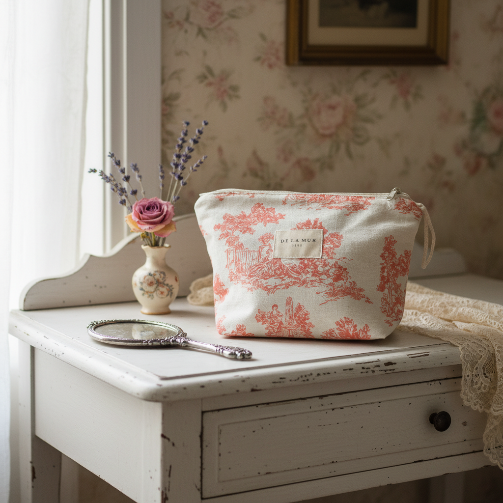 Necessaire DelaMur Estampado Toile de Jouy Coral | Bolsa Cosmética Feminina com Fecho