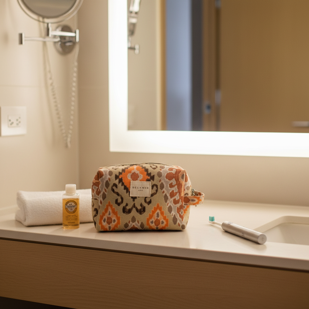 Necessaire DelaMur Pequeno Estampado Bege e Laranja | Bolsa Cosmética com Pega