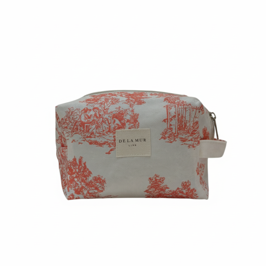 Necessaire DelaMur Pequeno Toile de Jouy Coral | Bolsa Cosmética com Fecho e Pega