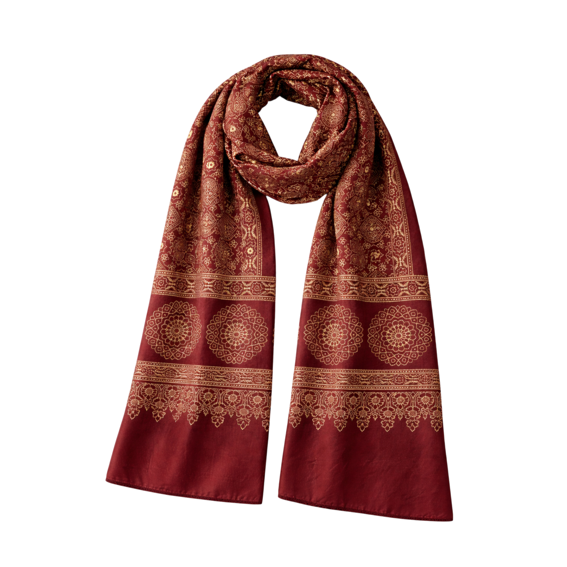 Pashmina Artesanal em Seda Bordô com Estampagem Tradicional Indiana