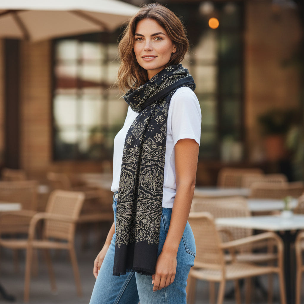 Pashmina Artesanal em Seda Estampada – Azul Profundo