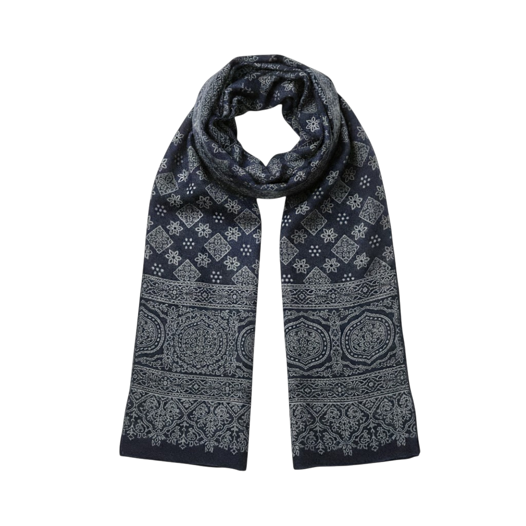 Pashmina Artesanal em Seda Estampada – Azul Profundo