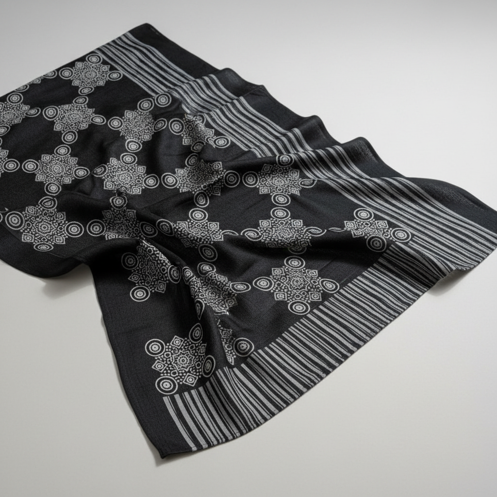 Pashmina Artesanal em Seda Natural – Preto & Branco