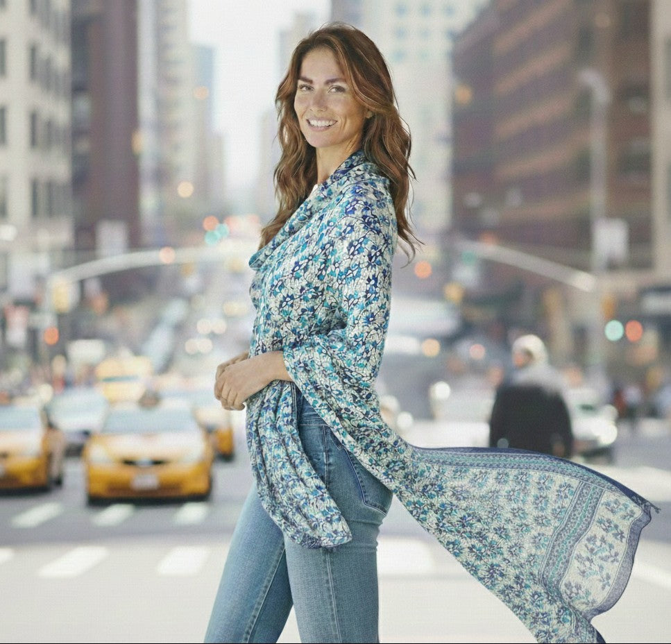 Pashmina de Seda Artesanal Azul – Estampagem Tradicional Indiana