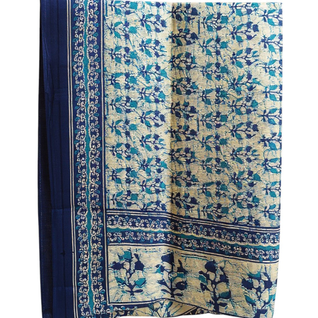 Pashmina de Seda Artesanal Azul – Estampagem Tradicional Indiana