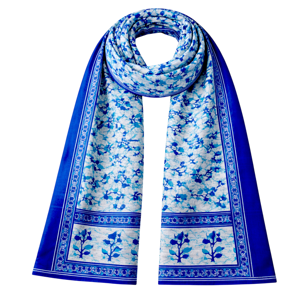 Pashmina de Seda Artesanal Azul – Estampagem Tradicional Indiana