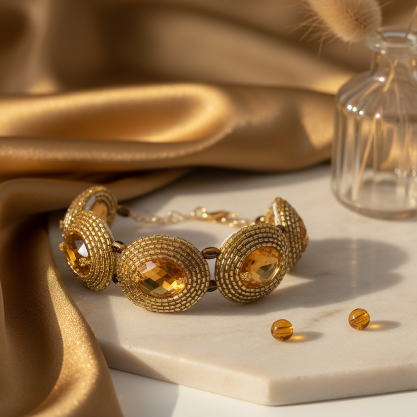 Pulseira artesanal Iluztro dourada com cristais âmbar – missangas bordadas à mão