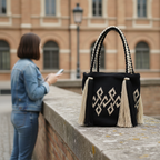 Saco Colombiano Artesanal Bucket Saci Yahoo | Bolsa Wayuu Preta e Bege com Franjas | Mala Boho Chic Mulher