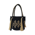 Saco Colombiano Artesanal Bucket Saci Yahoo | Bolsa Wayuu Preta e Bege com Franjas | Mala Boho Chic Mulher