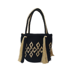 Saco Colombiano Artesanal Bucket Saci Yahoo | Bolsa Wayuu Preta e Bege com Franjas | Mala Boho Chic Mulher
