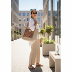 Saco de Ráfia DelaMur – Mala Tote Bege com Bolso Frontal Estampado