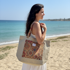Saco de Ráfia DelaMur – Mala Tote Bege com Bolso Frontal Estampado