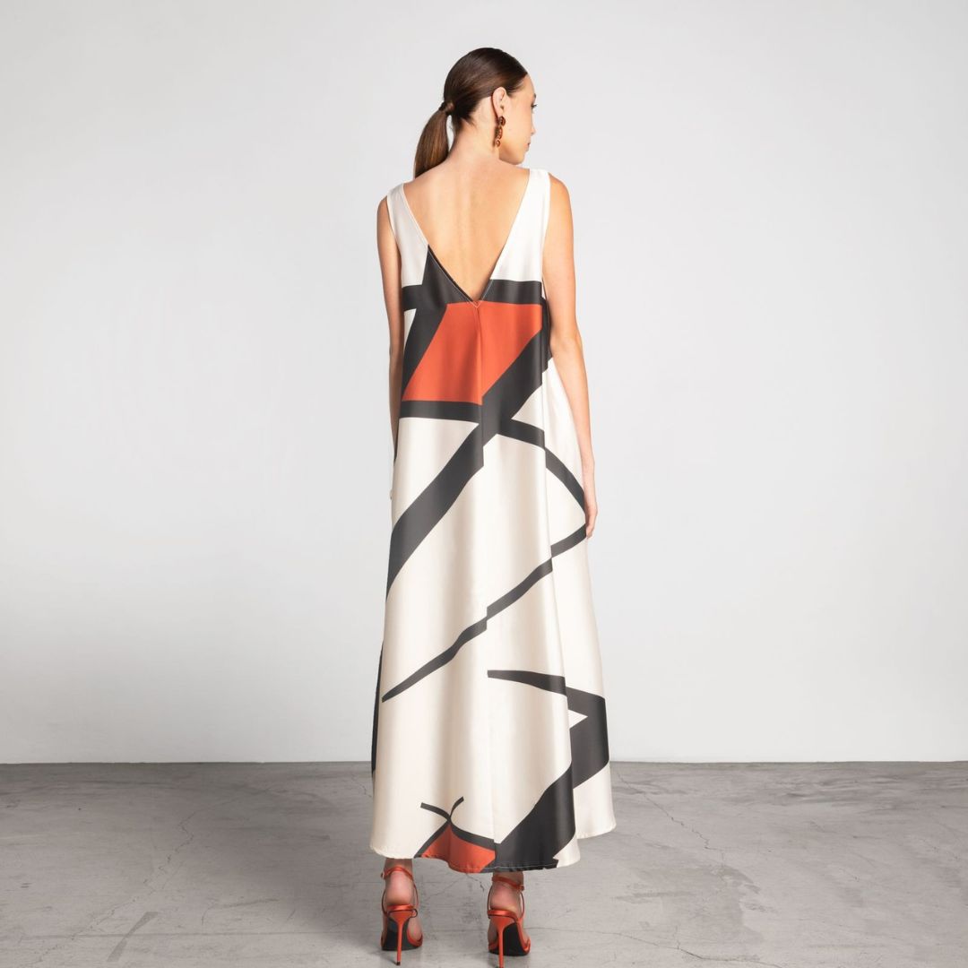 Vestido Comprido Moutaki Estampado com Decote em V nas Costas