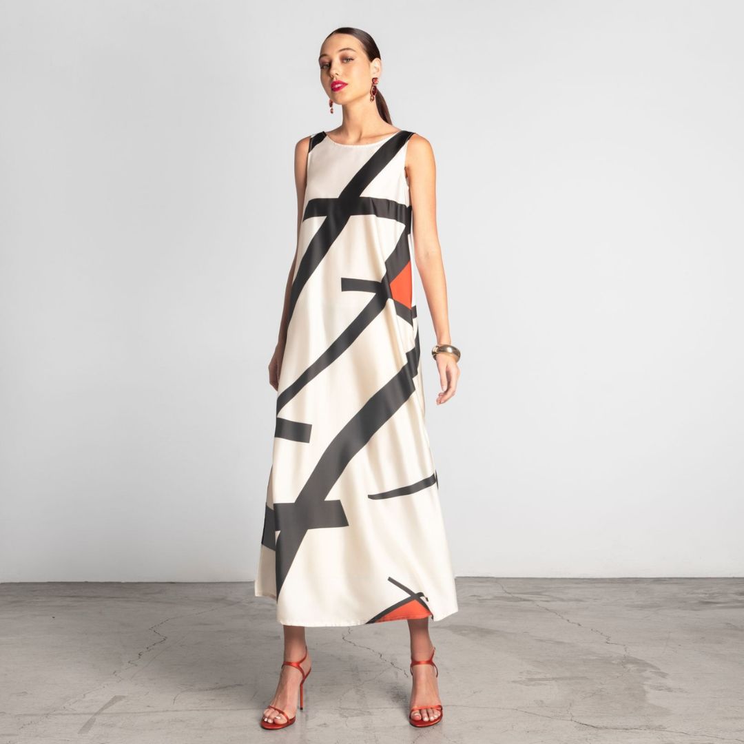 Vestido Comprido Moutaki Estampado com Decote em V nas Costas