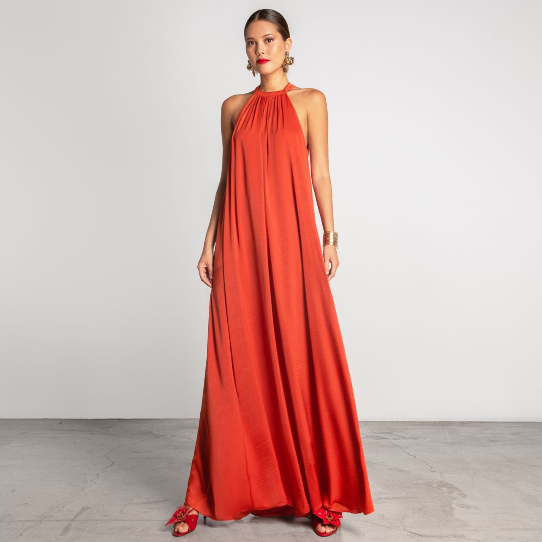 Vestido Comprido Moutaki em Tecido Fluído, Decote Halter