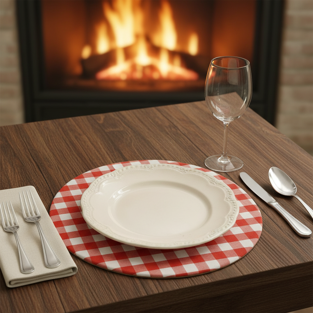 Cozy table setting with fireplace