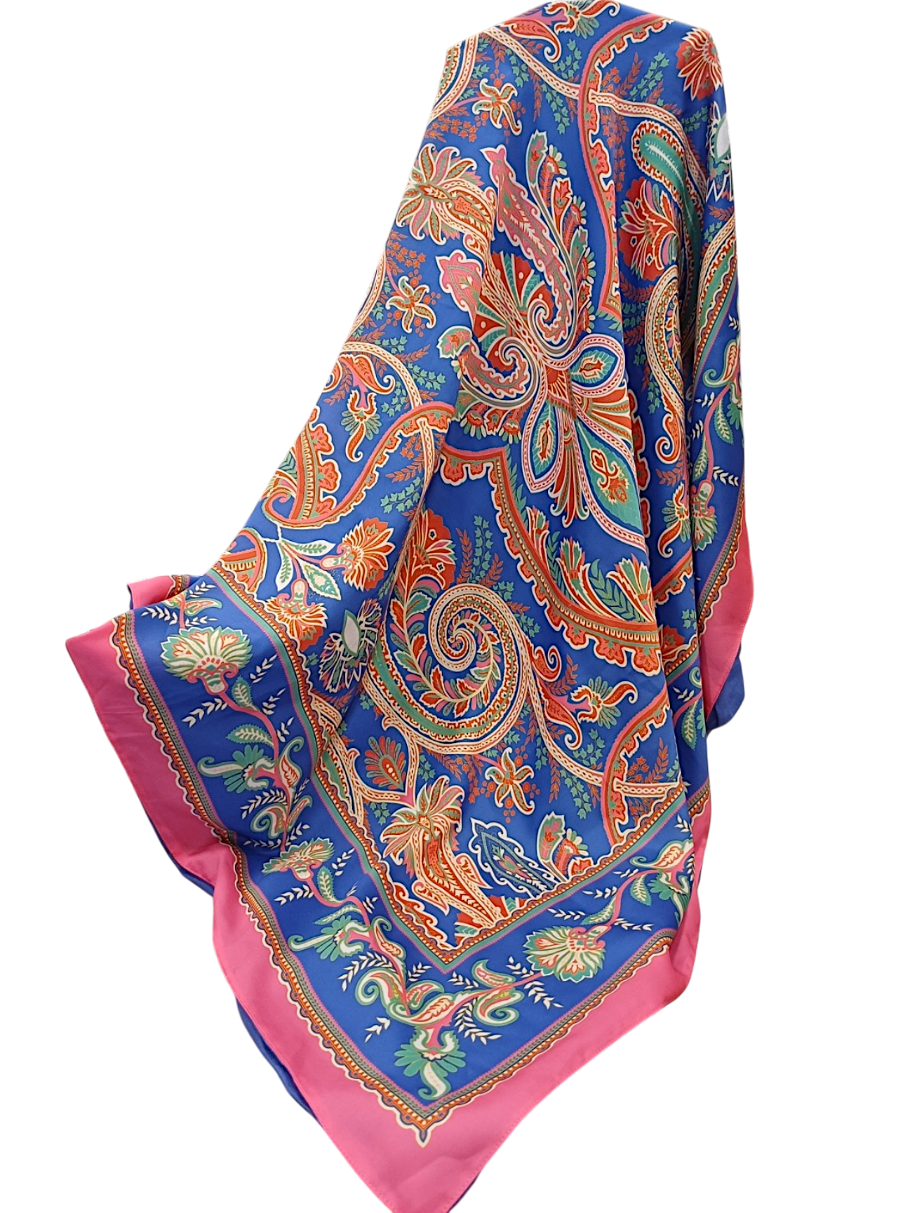 Lenço Latido em viscose dupla face paisley azul e rosa