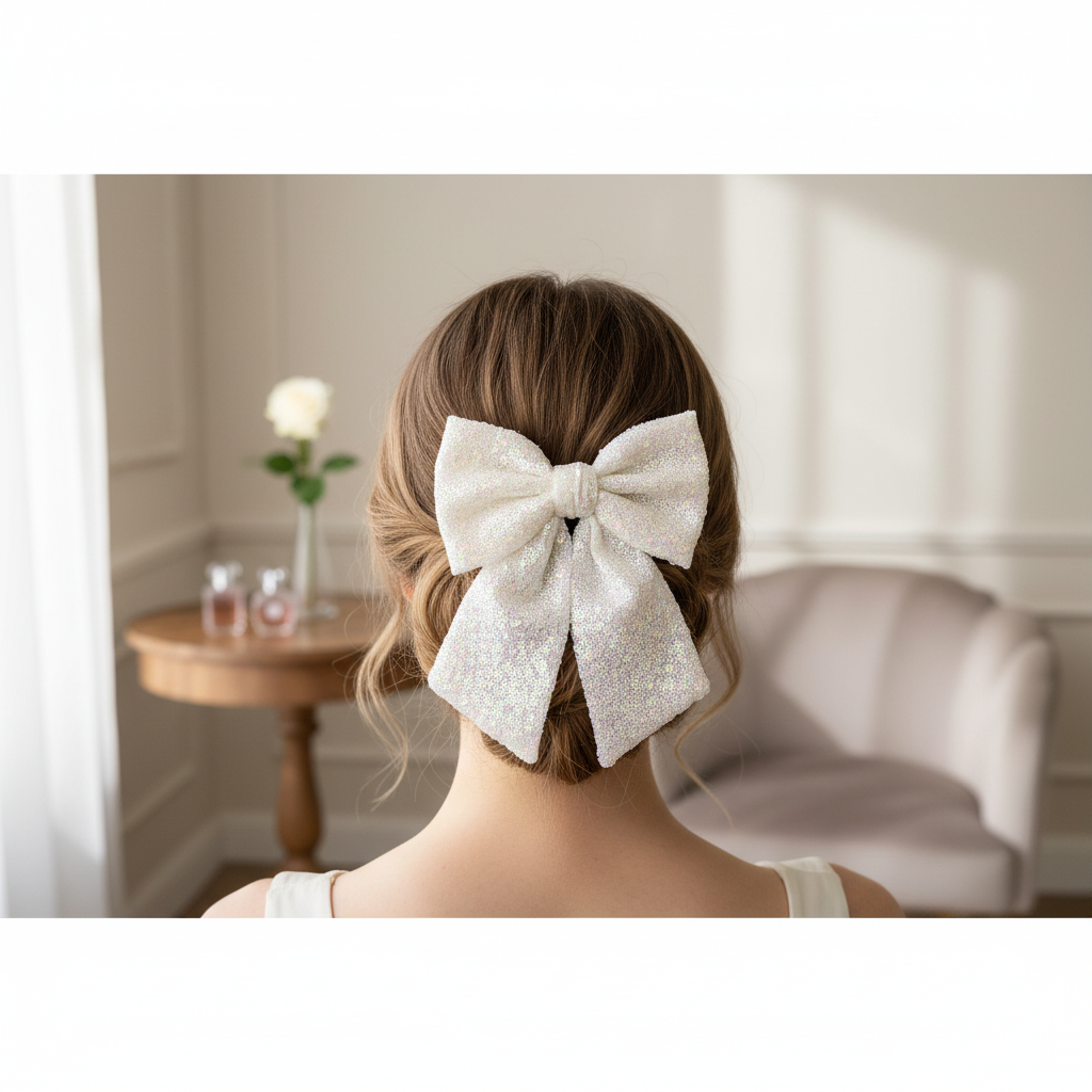 Lifestyle Laço Lantejoulas Brancas com Modelo